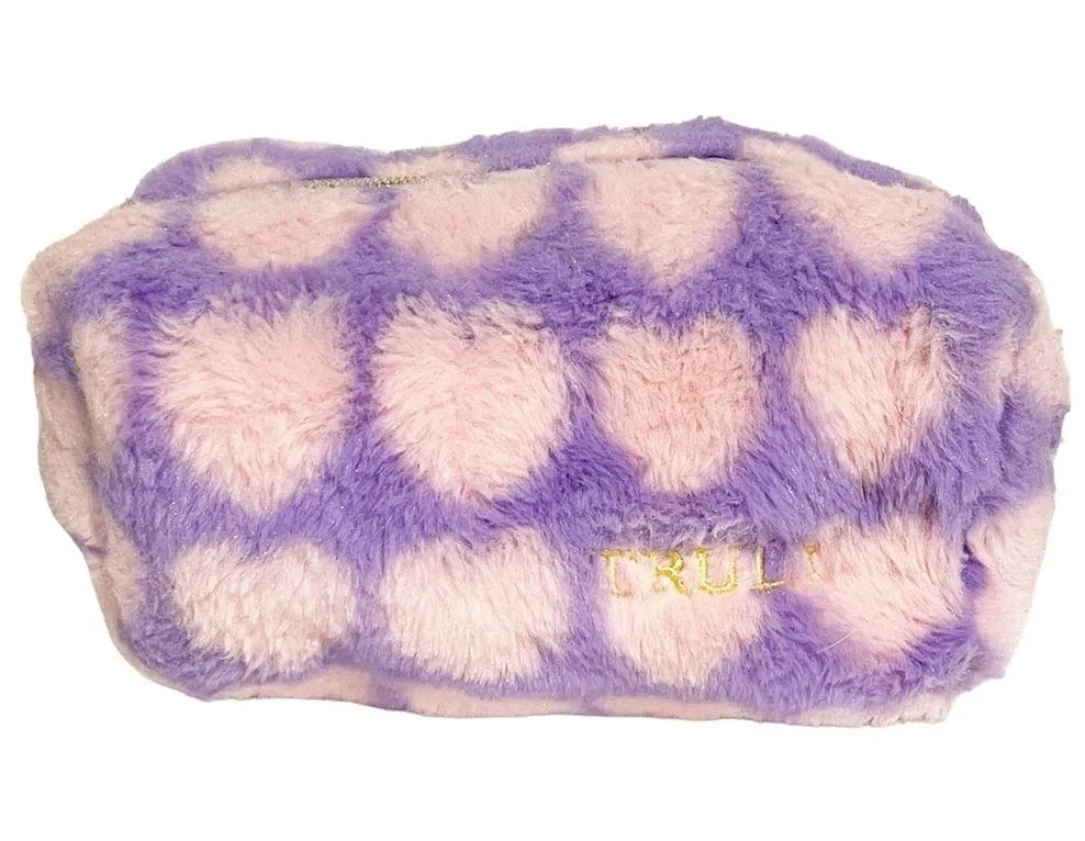 Truly Beauty Purple Pink Heart Plush Zip Closure Makeup Bag Travel Cosmetic Case - Image 2