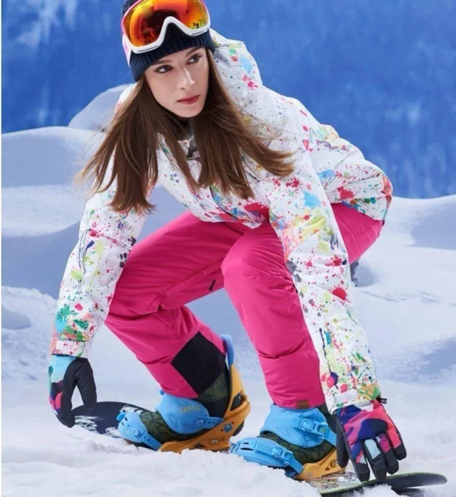 GSOU Snow 10K Waterproof Ski Snowboard Jacket White Paint Splatter Size Large Pink - Image 15