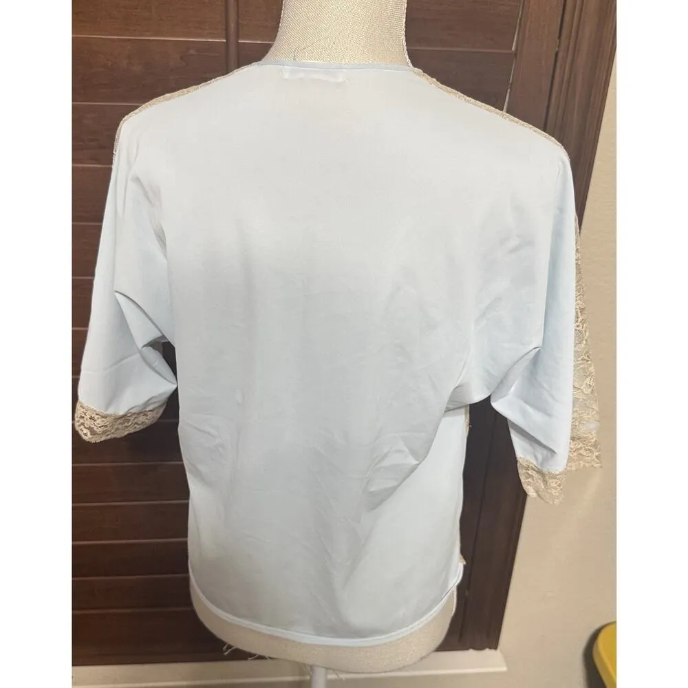 VTG Lace Overlay Pajama Top Neiman Marcus Vanity Fair M Light Blue Nylon 60s - Image 4