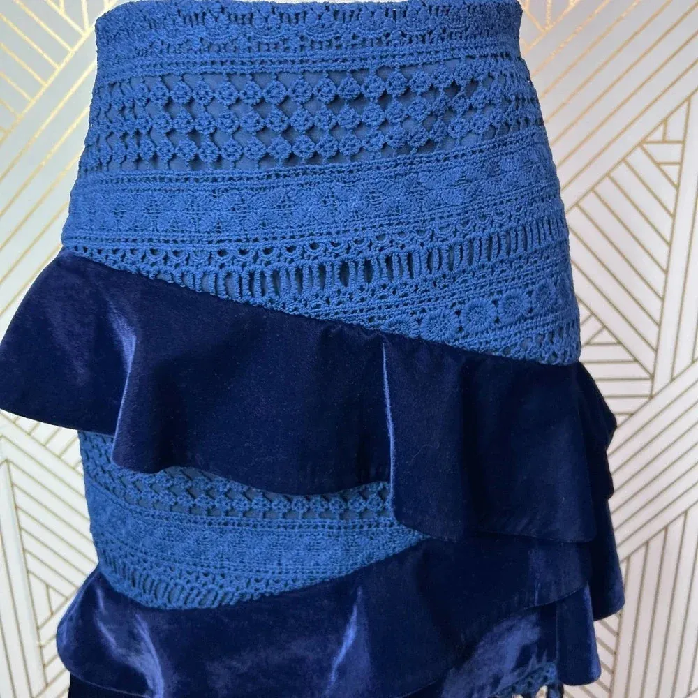 PatBo Velvet‎ Lace Crochet Fringe Brazil Skirt in Blue Navy Size US 2 - Image 4
