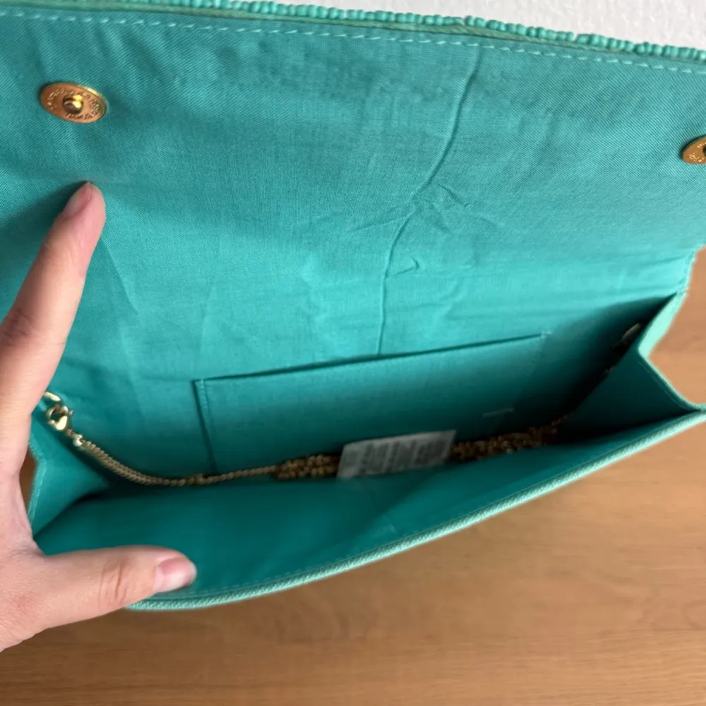 NWT Boutique Teal Smiley Flower Rainbow Seed Bead Clutch Crossbody Bag Blue - Image 4