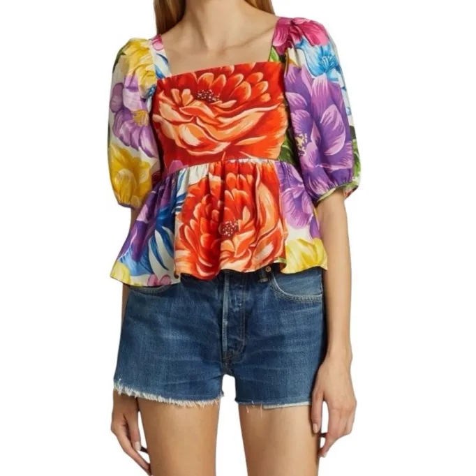 FARM RIO Rainbow Chita Empire-Waist vibrant Floral puff sleeve Blouse resortwear - Image 6
