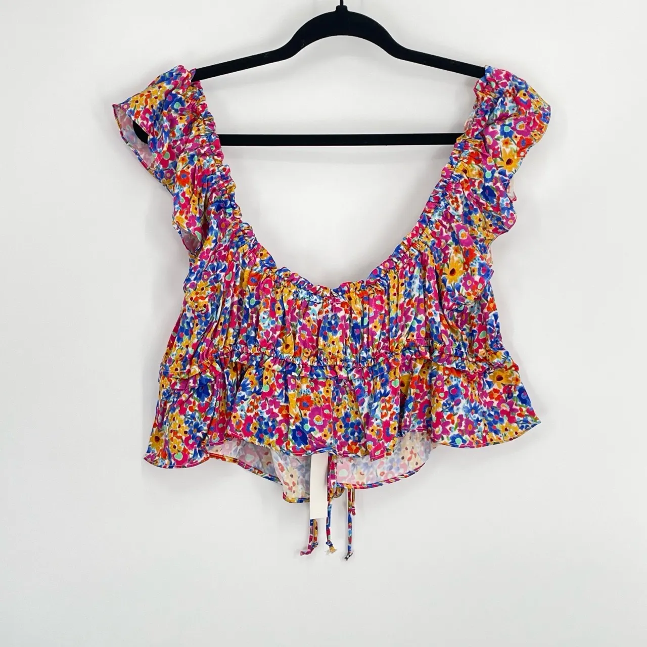 For Love & Lemons Womens Floral Ruffled Tie Front Cottage Core Boho Crop Top‎ L - Image 5