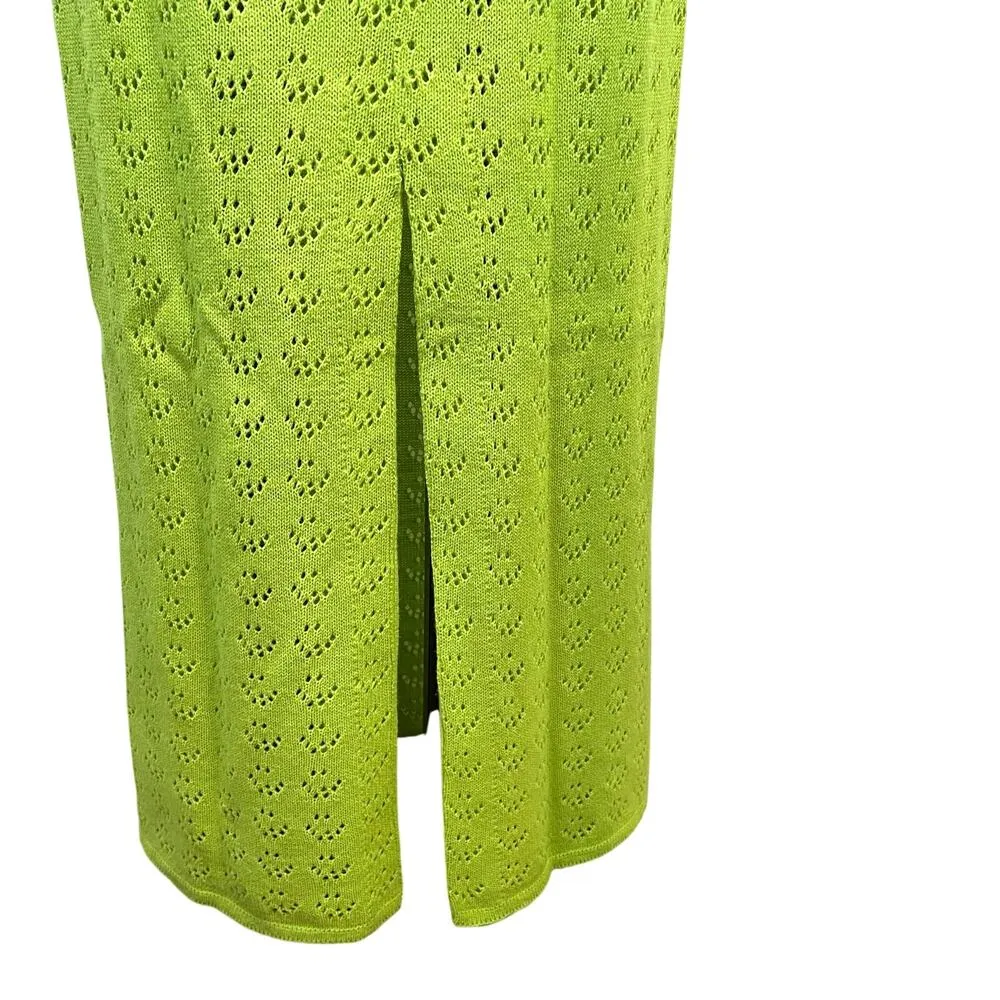 Vintage Dolphin California Lime Green Crochet Knit High Neck Belted Maxi Dress - Image 10