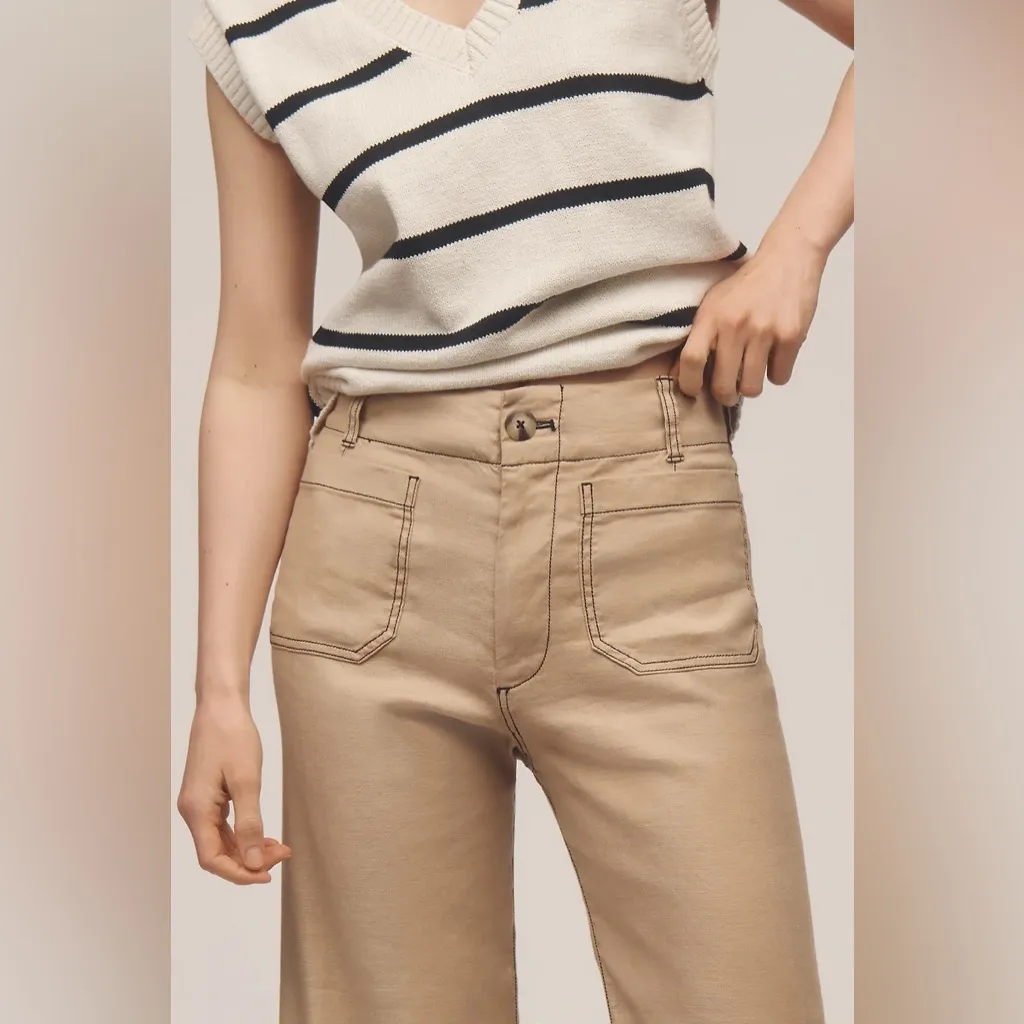 Anthropologie Maeve Colette Contrast-Stitch Linen Crop Wide-Leg Pants in Khaki - Image 4