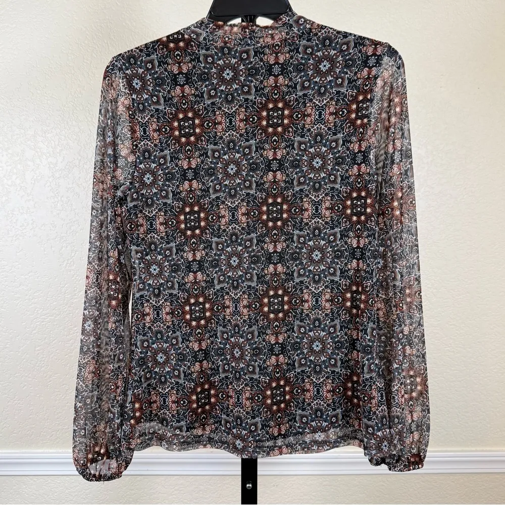 Boho Tie Neck Long Sleeve Blouse Small Sheer Mesh Print Lined Lightweight Office Black - Image 8