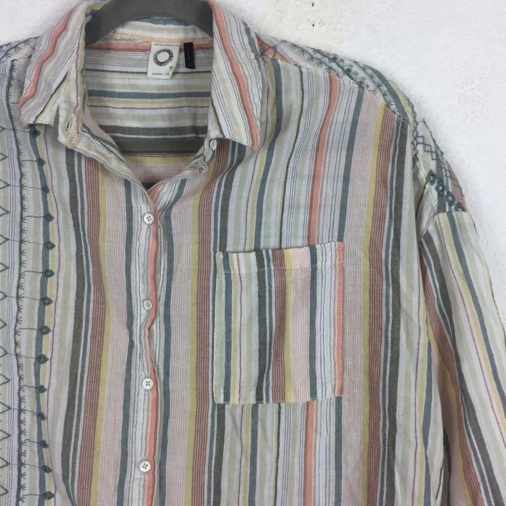 Anthropologie Akemi And Kin Embroidered Striped Button Down Top XS/S Oversized - Image 8