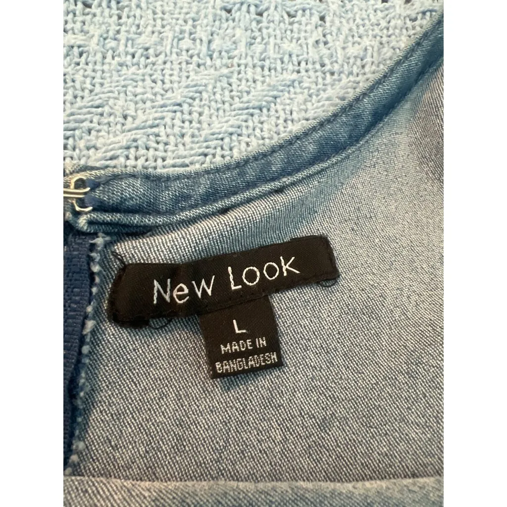 New Look Blue Denim Bodycon Dress Fitted Sleeveless Back Zip Slit Size Large - Image 4