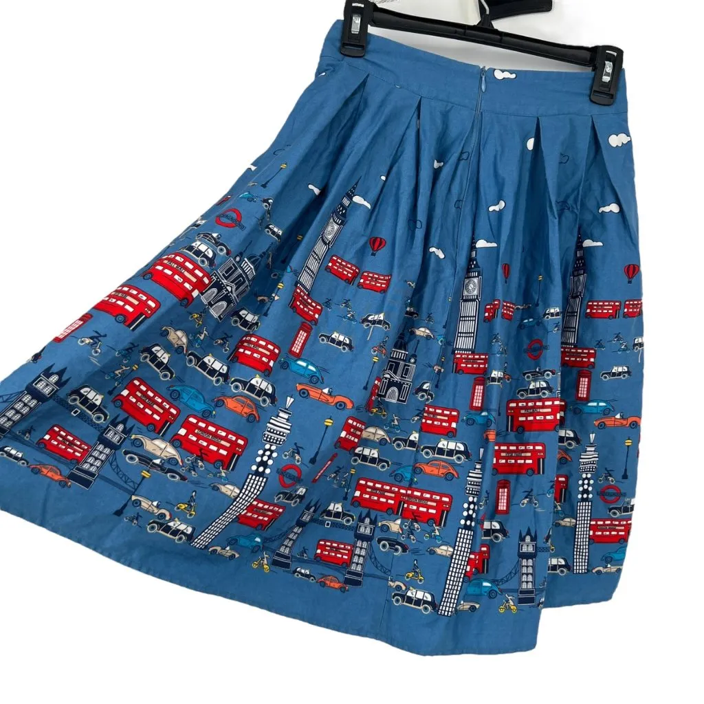 London Cityscape Print Double Decker Bus Taxi Blue Red Pleated Skirt Size XS - Image 6