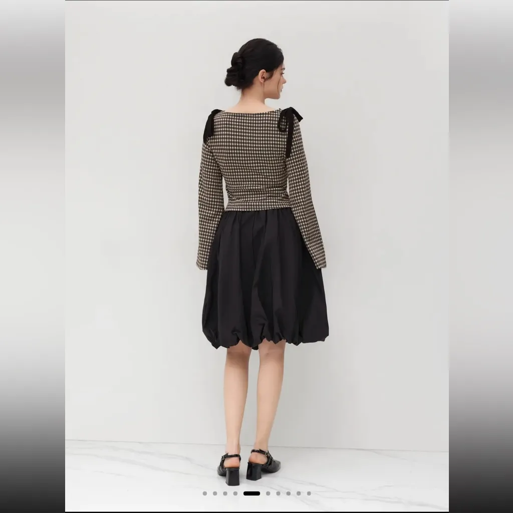 NWOT Cider Boat Neck Gingham Bowknot Bell Sleeve Blouse Top Brown Tan Size Large - Image 2