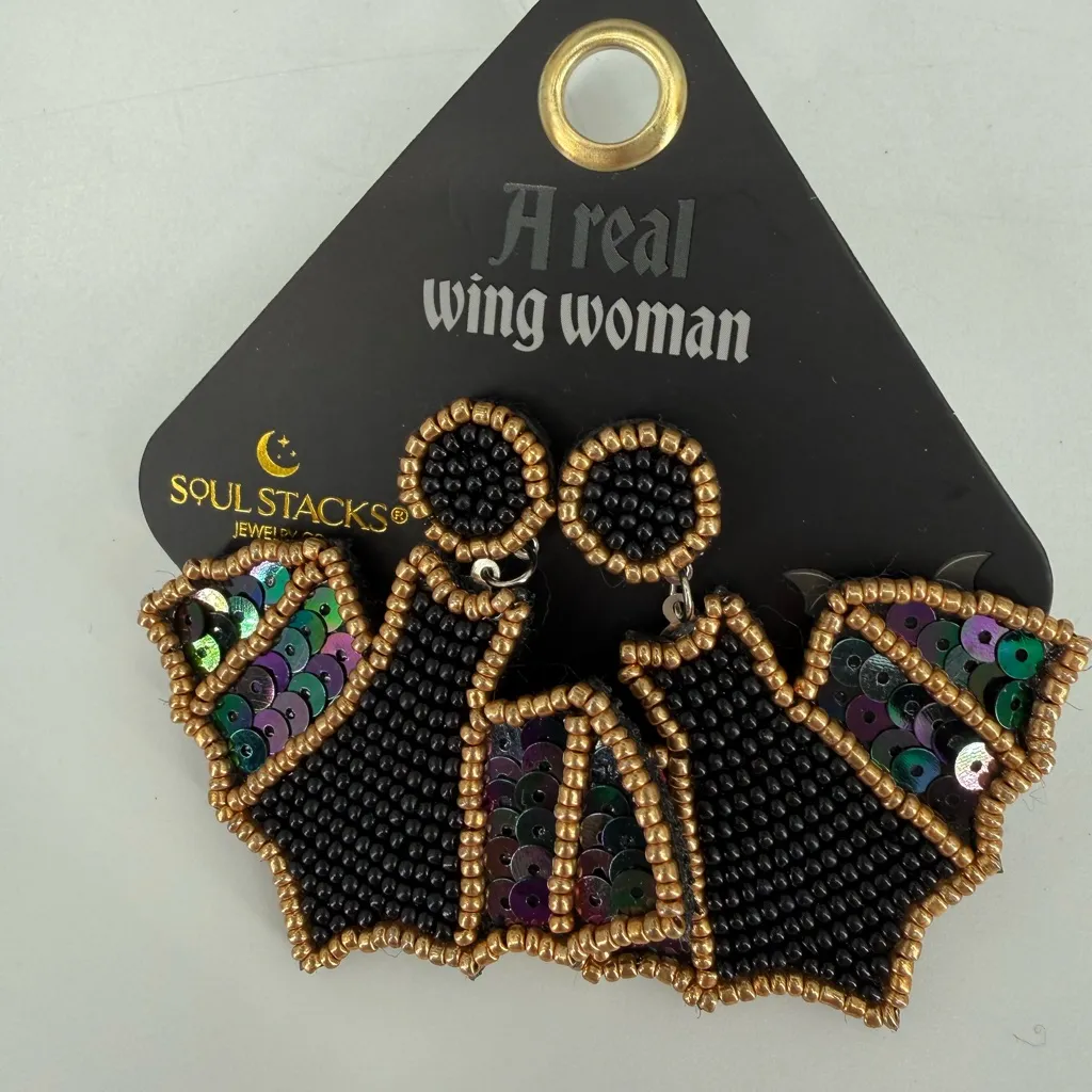 Soul Stacks “ A Real Wing Woman” Black and Gold Beaded Bat Wing Earrings - Image 2