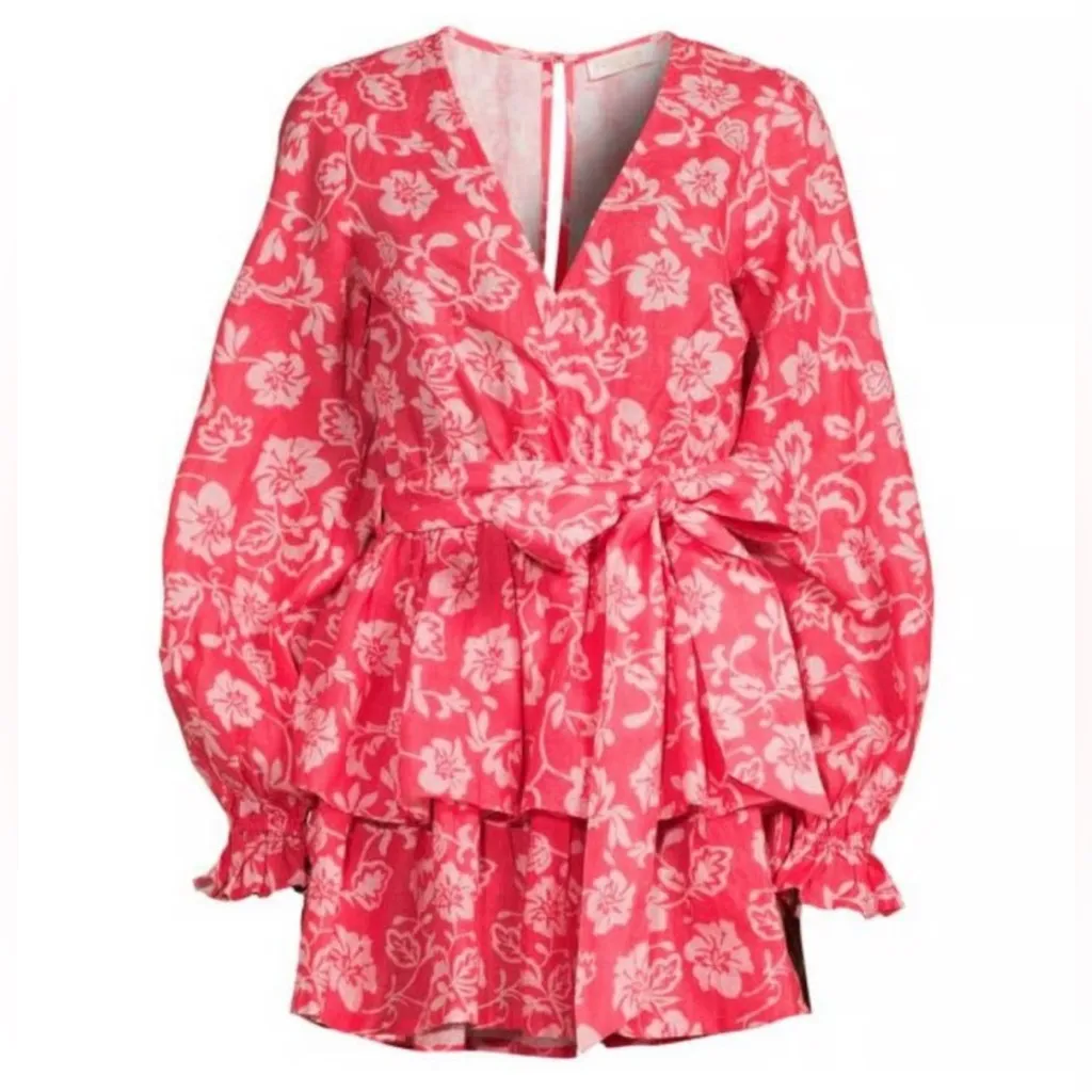 Ramy Brook Jolie Tiered Wrap Mini Dress Sz M Pink Printed Puff Sleeve - Image 4