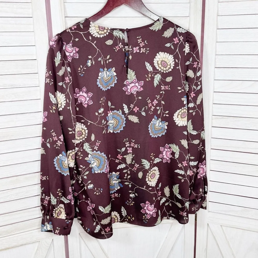 Vince Camuto Floral Puff Sleeve Button‎ Front Blouse Brown Pink Small Wildflower - Image 8
