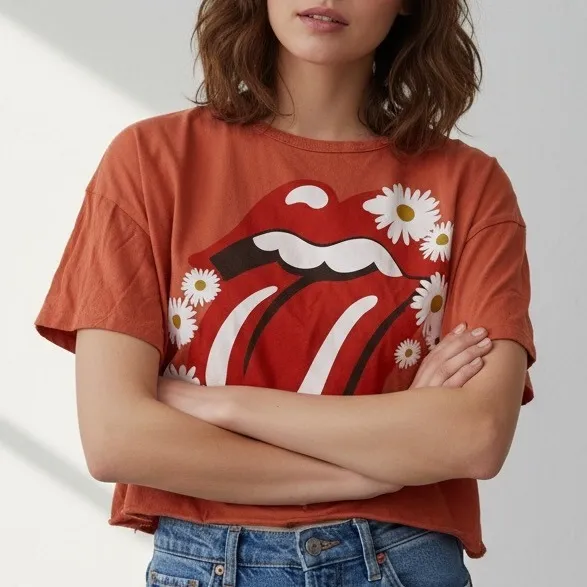 The Rolling Stones Daisy Lips Cropped T Shirt Orange Cotton Size S - Image 3