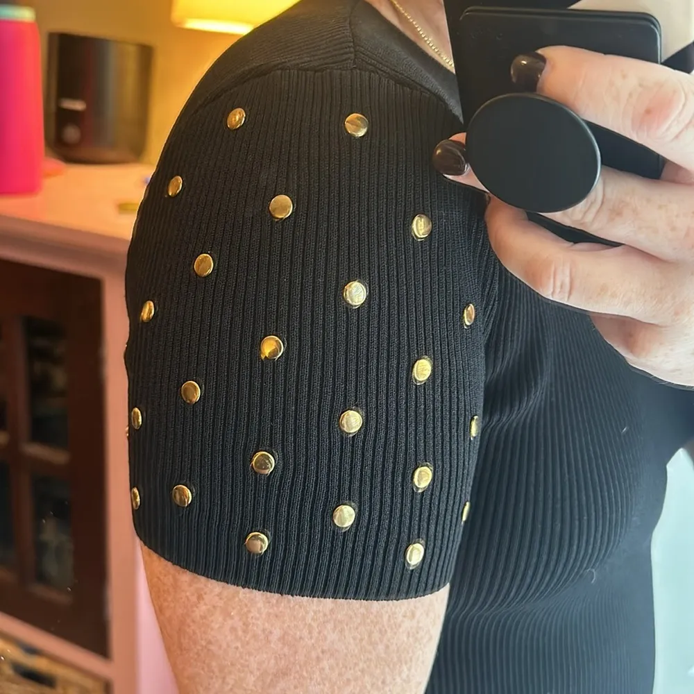 Knit Ribbed Black Gold Embellished Top - Image 6