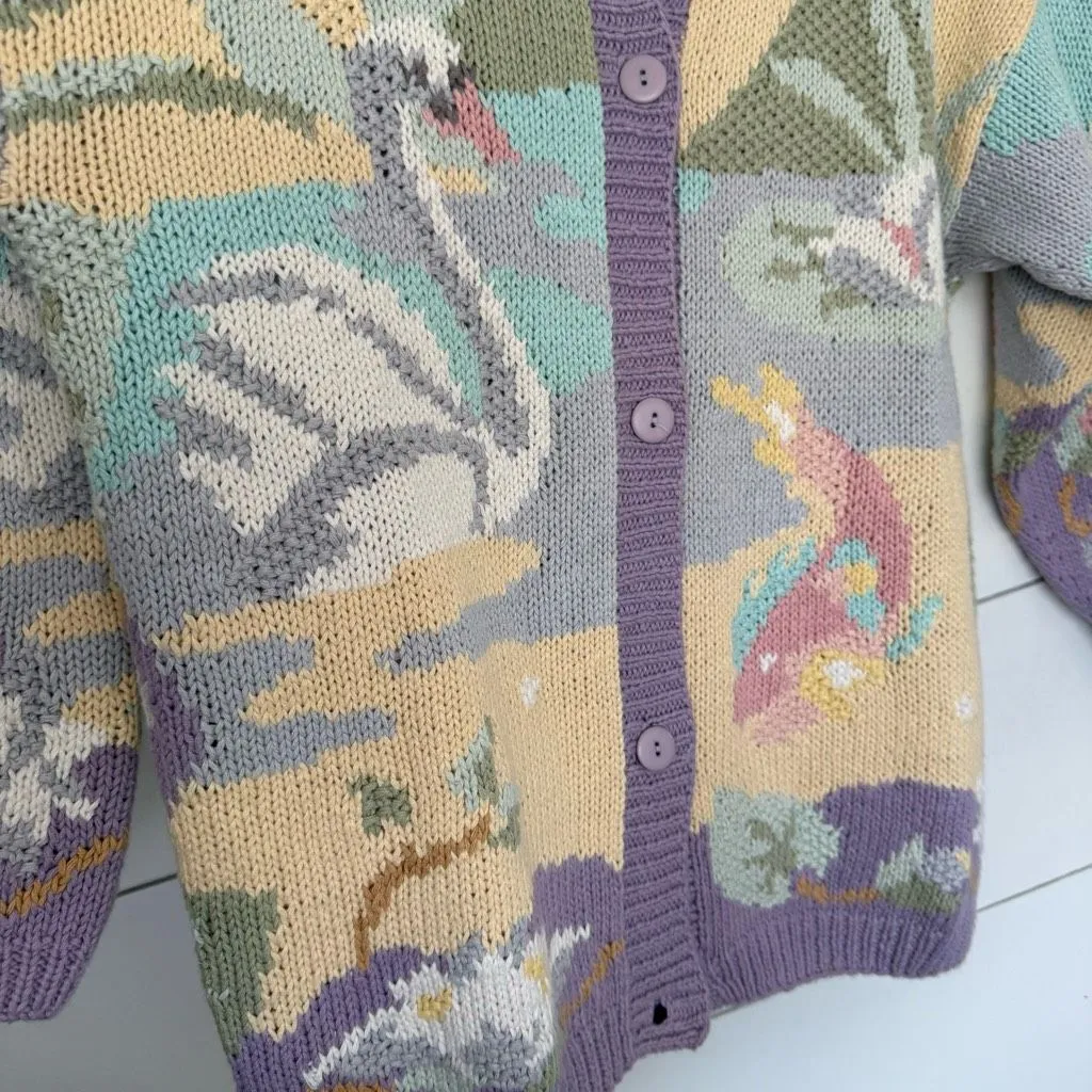 Vintage Together Women’s Small Rare Pastel Swan Knit Cardigan - Image 3