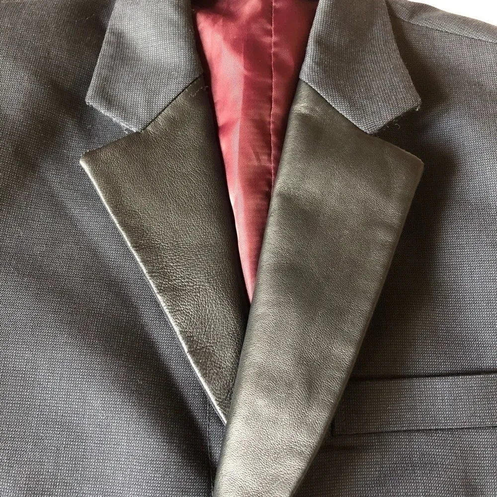 Studio Suits Hand Crafted Blazer Faux Leather Lapels Gray Size Medium - Image 6