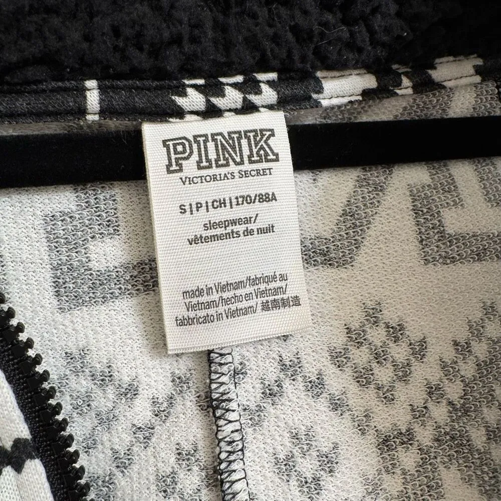PINK Victorias Secret Black White Winter Sherpa Hood Zip Romper Small - Image 3