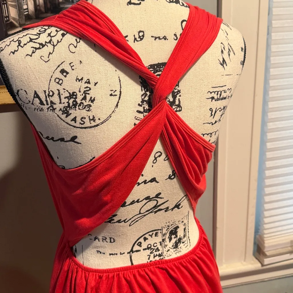 Mapalé Bright Coral Twisted Back Sleeveless Dress (M) Red Size M - Image 5