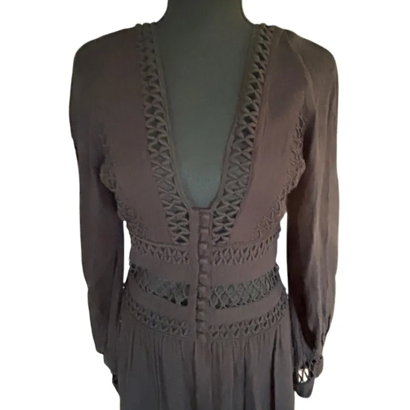 Free People Black Cutout Crochet Mini Dress – Boho Romantic Long Sleeve Size 4 - Image 4