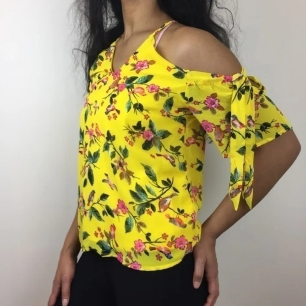 Monteau‎ Womens Size S Bird & Floral Off The Shoulder Chiffon Blouse - Image 7