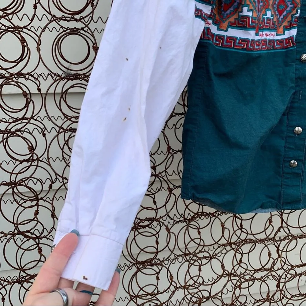 Vintage 80s 90s Roper aztec southwestern cowgirl shirt XS Green - Image 5