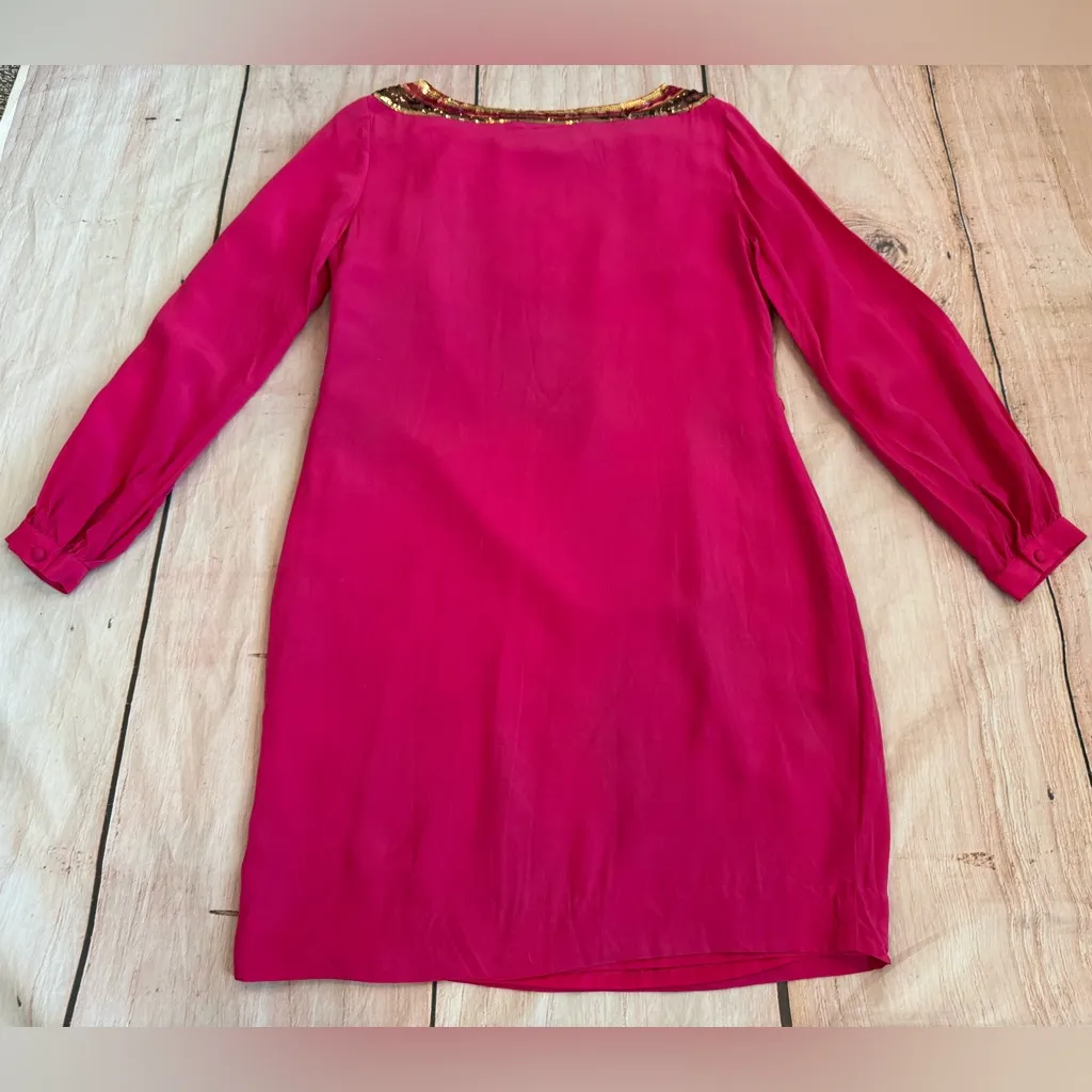 Trina Turk Women Hot Pink Silk Dress Size 6 Sequin Shift Long Sleeve READ - Image 9