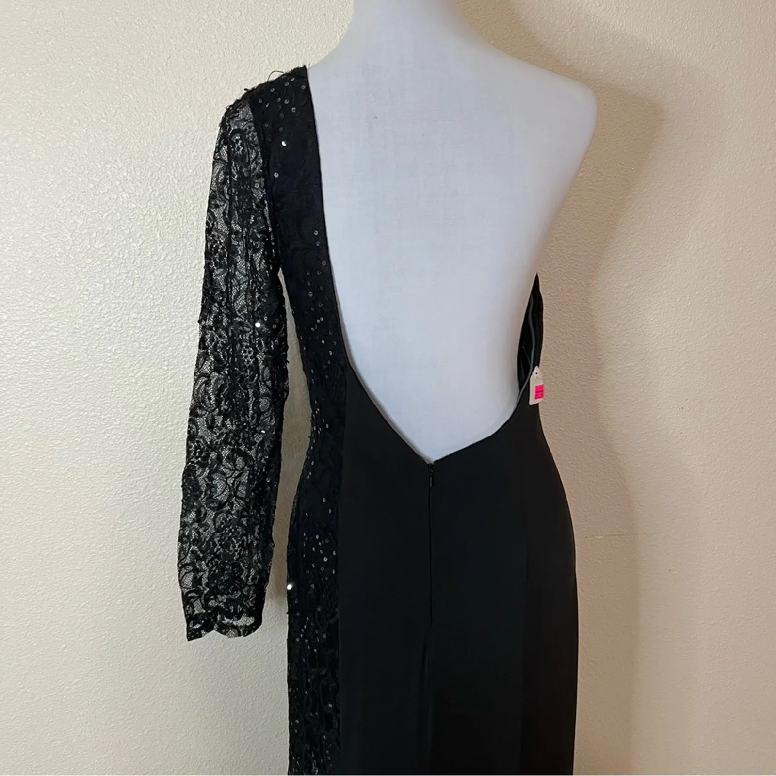 Alyce Designs black one shoulder long sleeve lace sequin jersey dress NEW 10 - Image 5