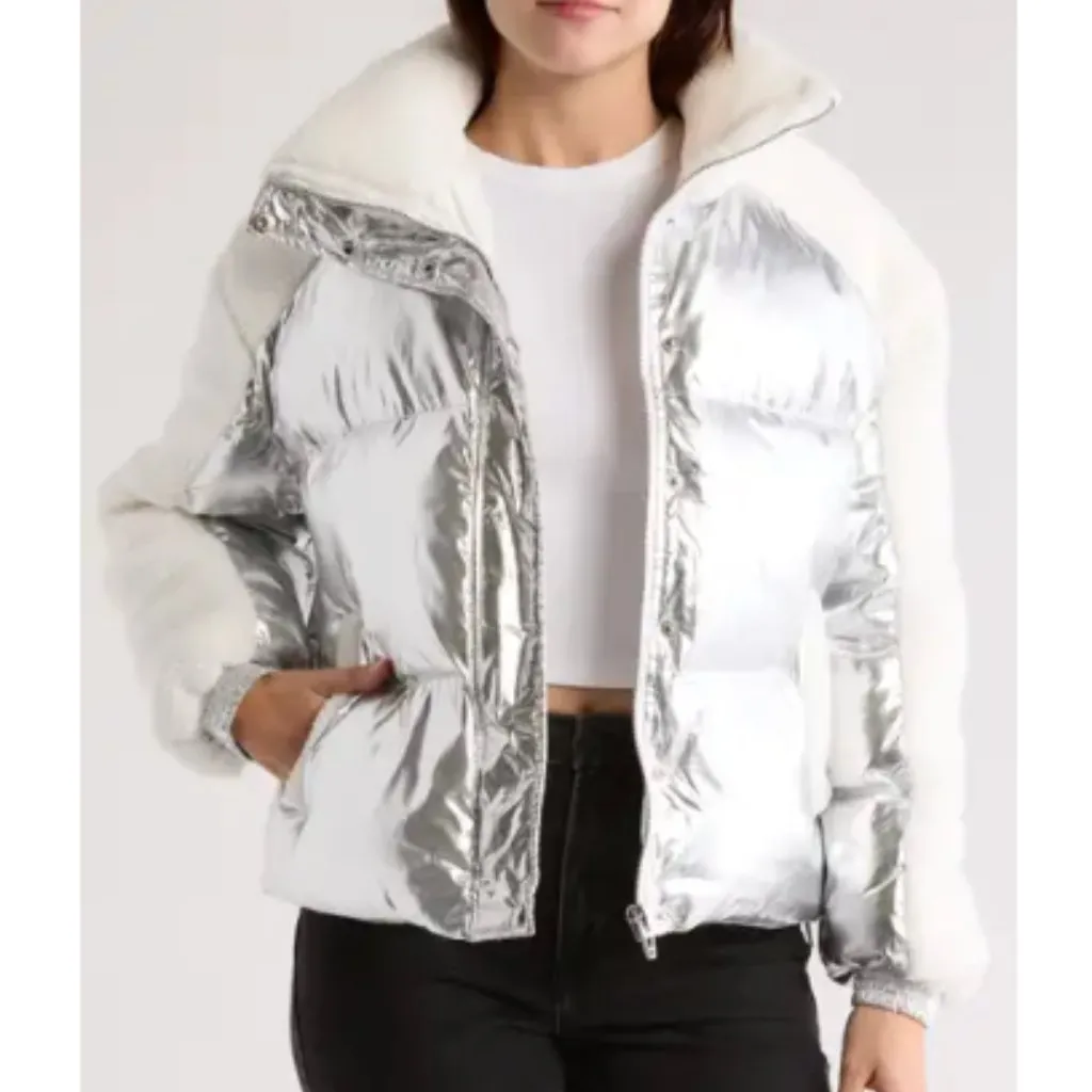 NWOT BLANKNYC Ski Party Faux Shearling Puffer Jacket Silver X-Small, SKI PARTY - Image 3