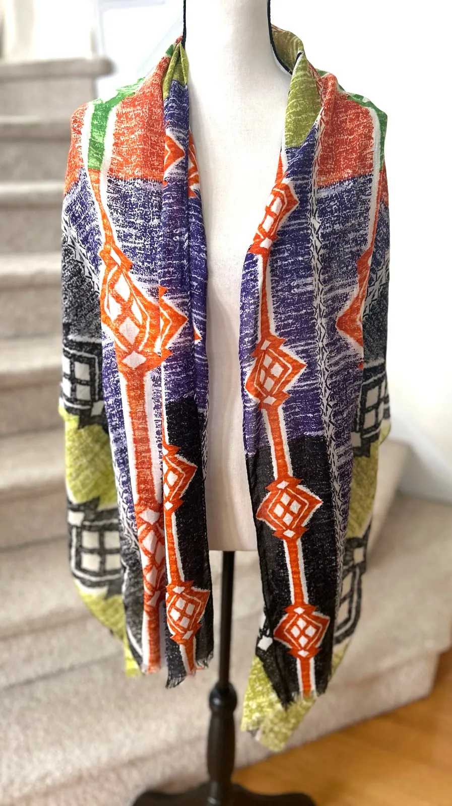 Echo Silk Cotton Wool Orange, Purple, Green Tribal Boho Mosaic Scarf Wrap Orange - Image 1