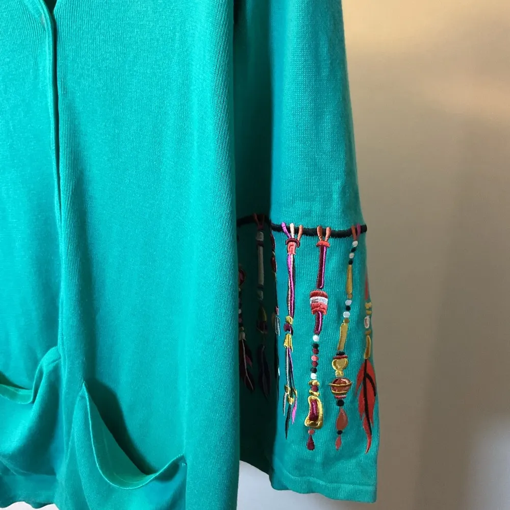 16. Bob Mackie Teal Button-Up Cardigan with Embroidered Dream Catchers Size 2X - Image 2