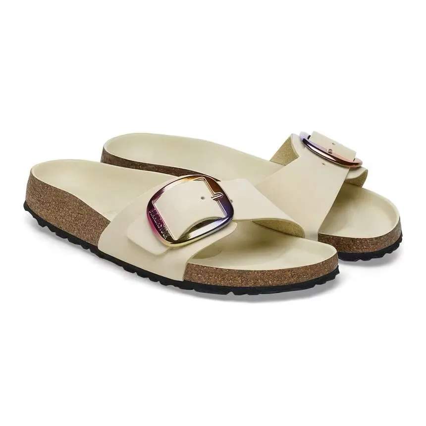 Birkenstock Madrid Iridescent Big
Buckle Nubuck Leather Slide Sandal, Ecru,37EU - Image 4
