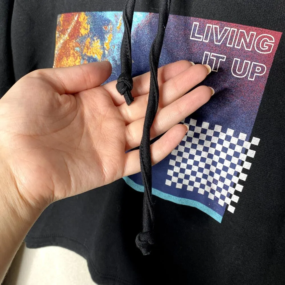 BP Living It Up Cropped Long Sleeve Graphic Hoodie Sweatshirt Black Size XL - Image 3