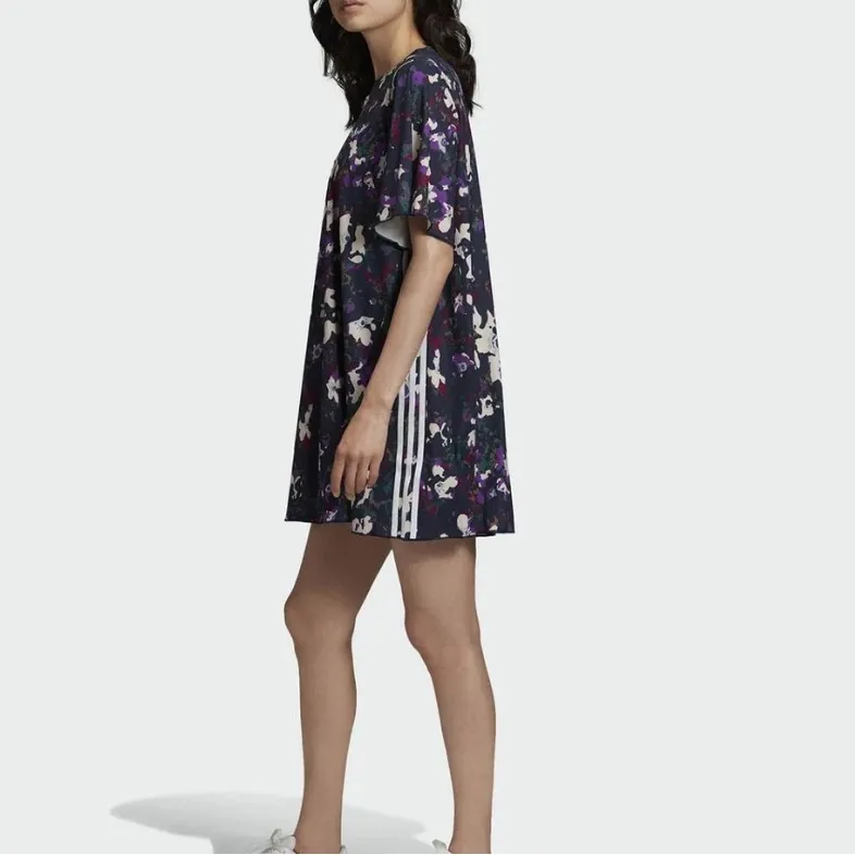 Adidas Floral Dress Size Large Ruffle Sleeve Multicolored Navy Blue Loose Fit - Image 5