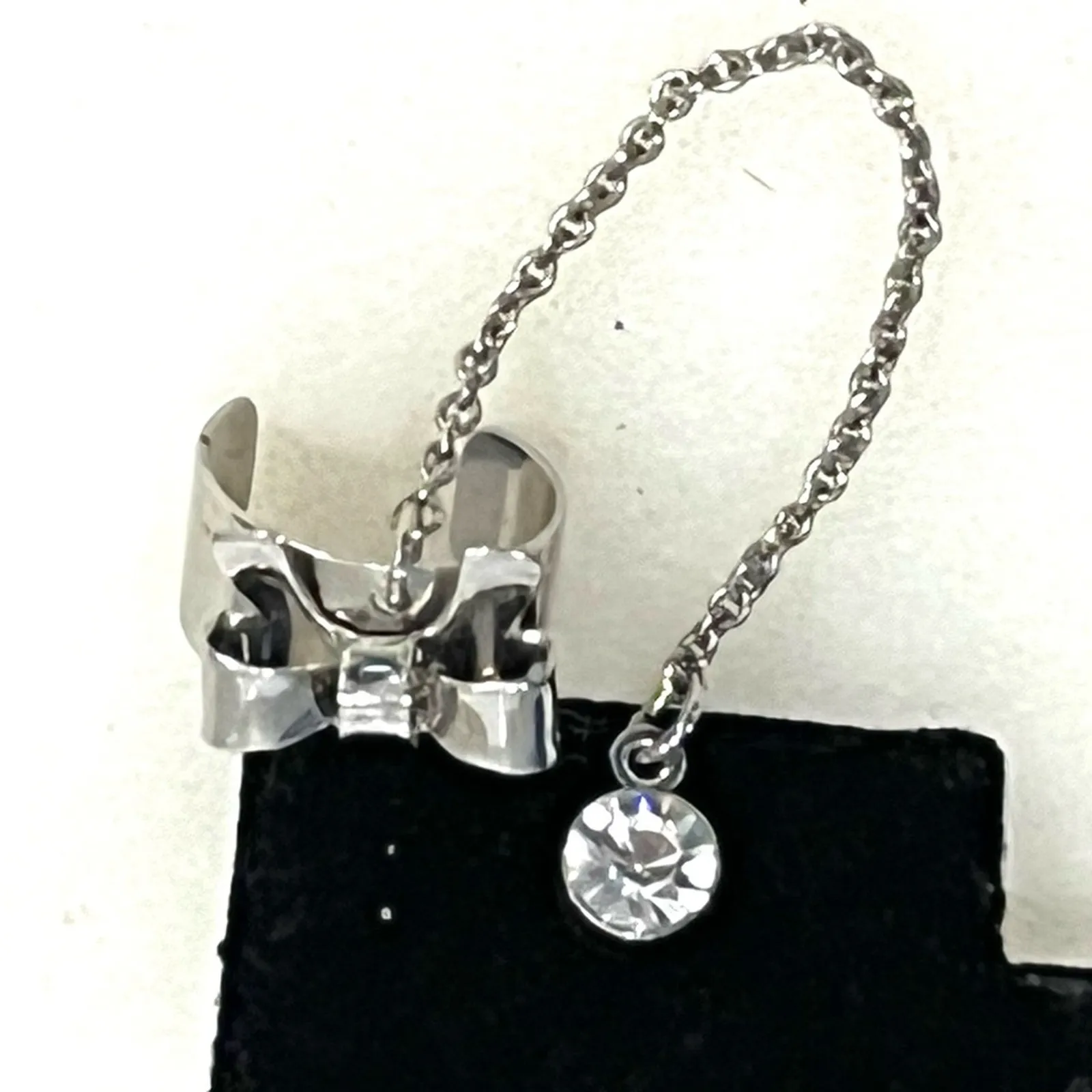 New CUFF EARRING Crystal Rhinestone Stud Post & Gift Bow Silver Drop Chain 2.75" - Image 5