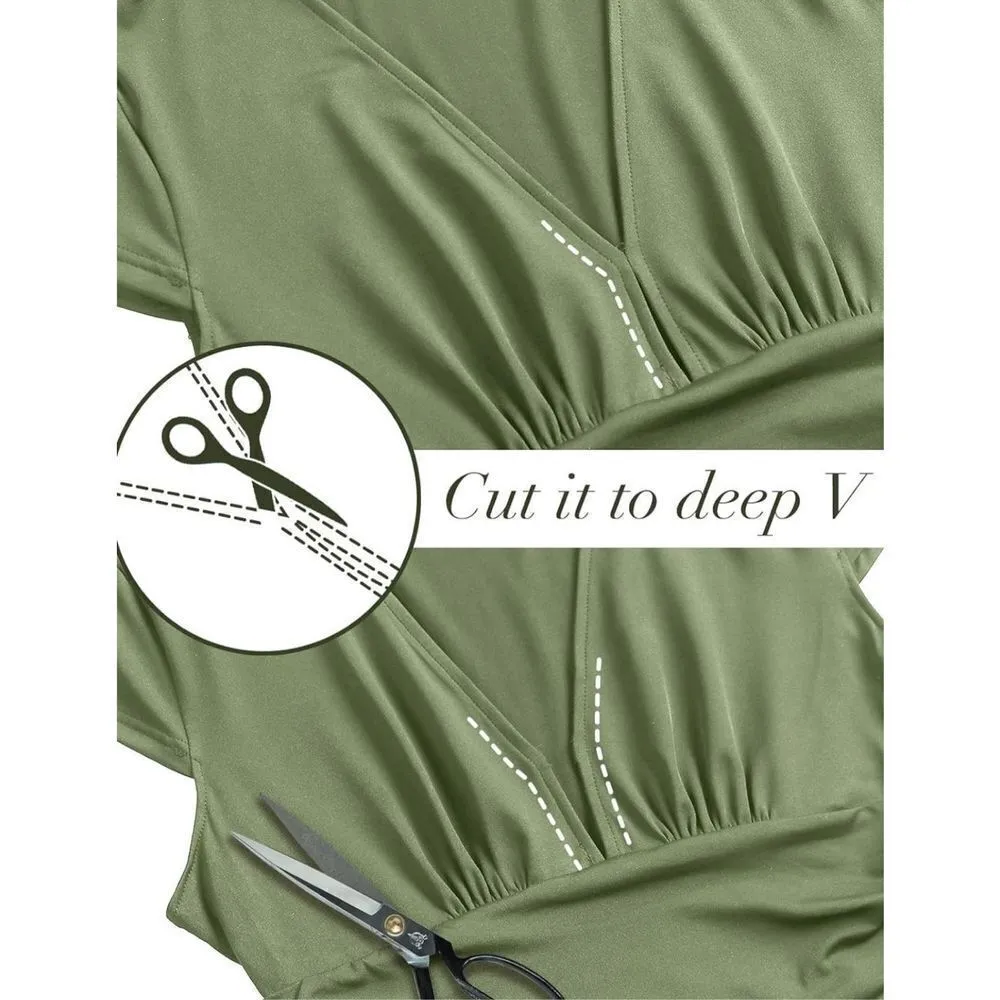 NEW Deep V Neck Pleated High Waist Slit Maxi Dress L Green Size L - Image 5