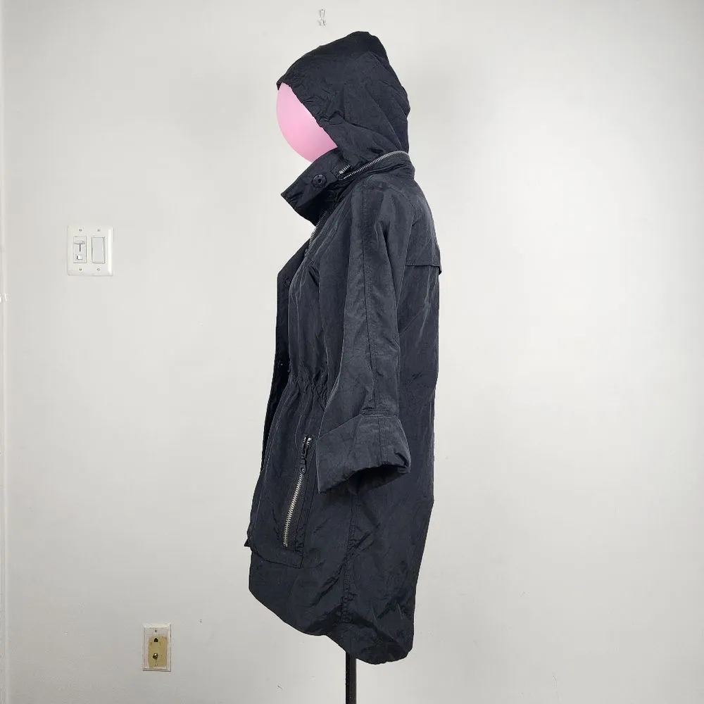 Black Hooded Trench Coat Lightweight Zip up Jacket Windbreaker Roll - Image 14