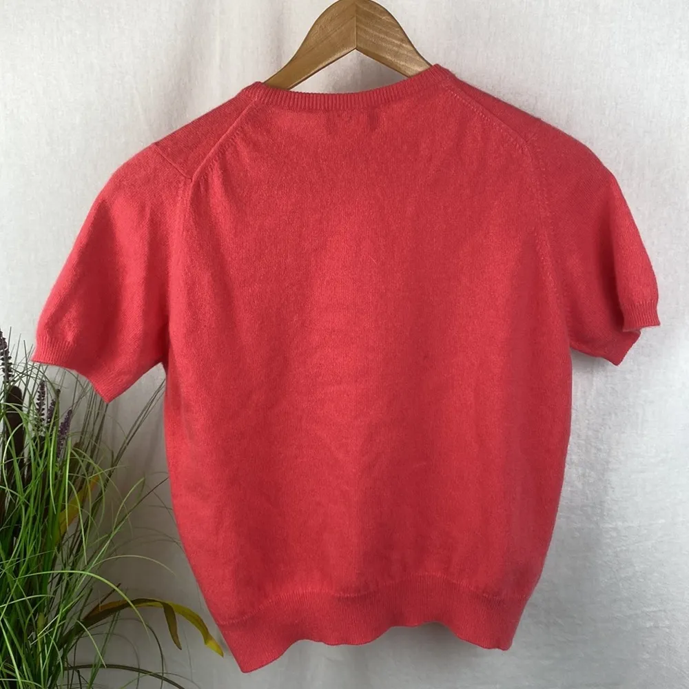 Neiman Marcus 100% Cashmere Orange Coral Short Sleeve Knit Sweater Top M - Image 2