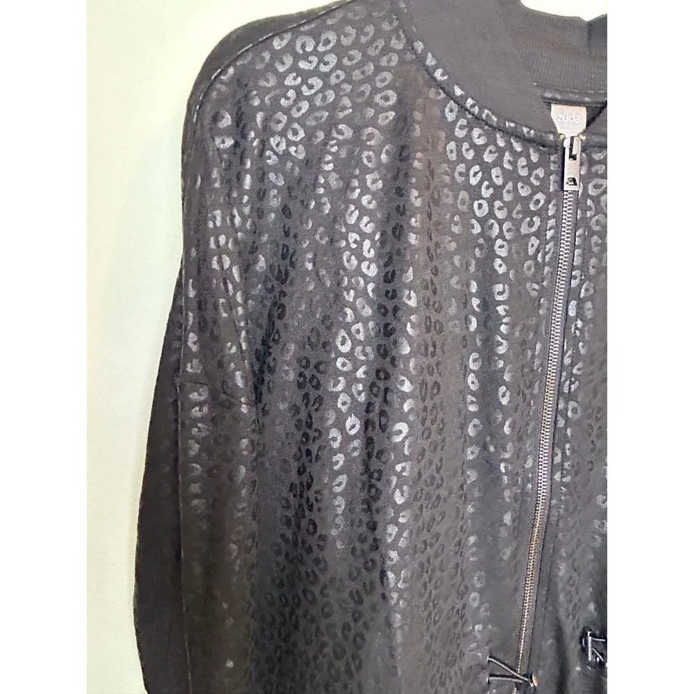 Zuda Black Leopard Large Full Zip Up Casual Jacket Shiny Athleisure Workout Wear - Image 3
