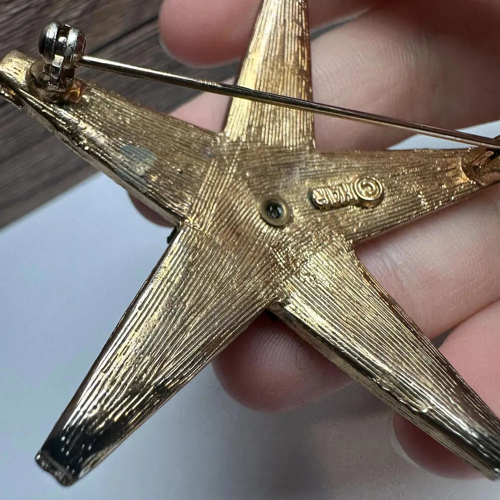 HAR Olive Green Star Rhinestone & Enamel Brooch Pin Vintage Signed Gold - Image 9