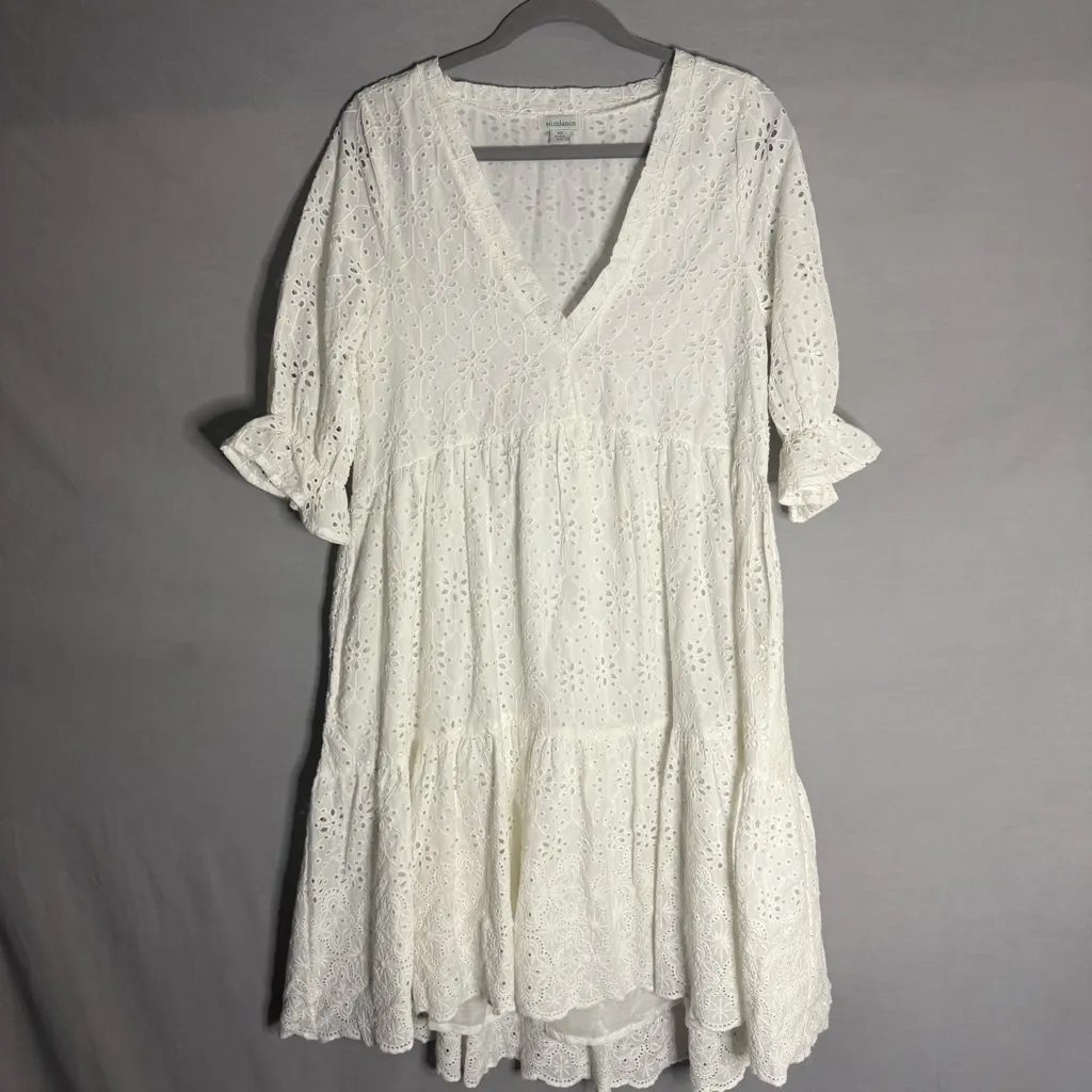 Sundance Jasmine White Eyelet Dress‎ XS Tiered Ruffle Peasant Boho Cottagecore - Image 3