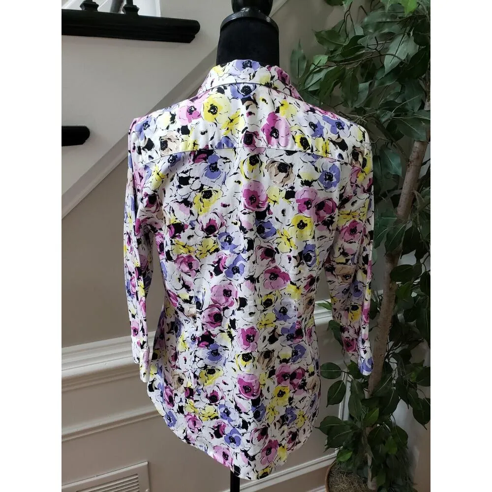 Dana Buchman Women's Multicolor Floral Collared Long Sleeve Button Down Shirt M - Image 7