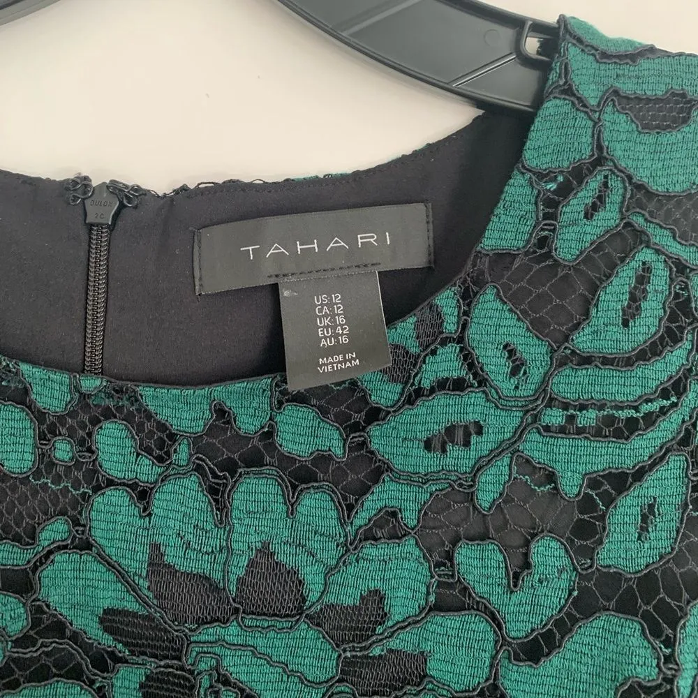 Tahari Lace Illusion Short Sleeve Cocktail Dress - Size 12 -‎ Green/Black - EUC - Image 3
