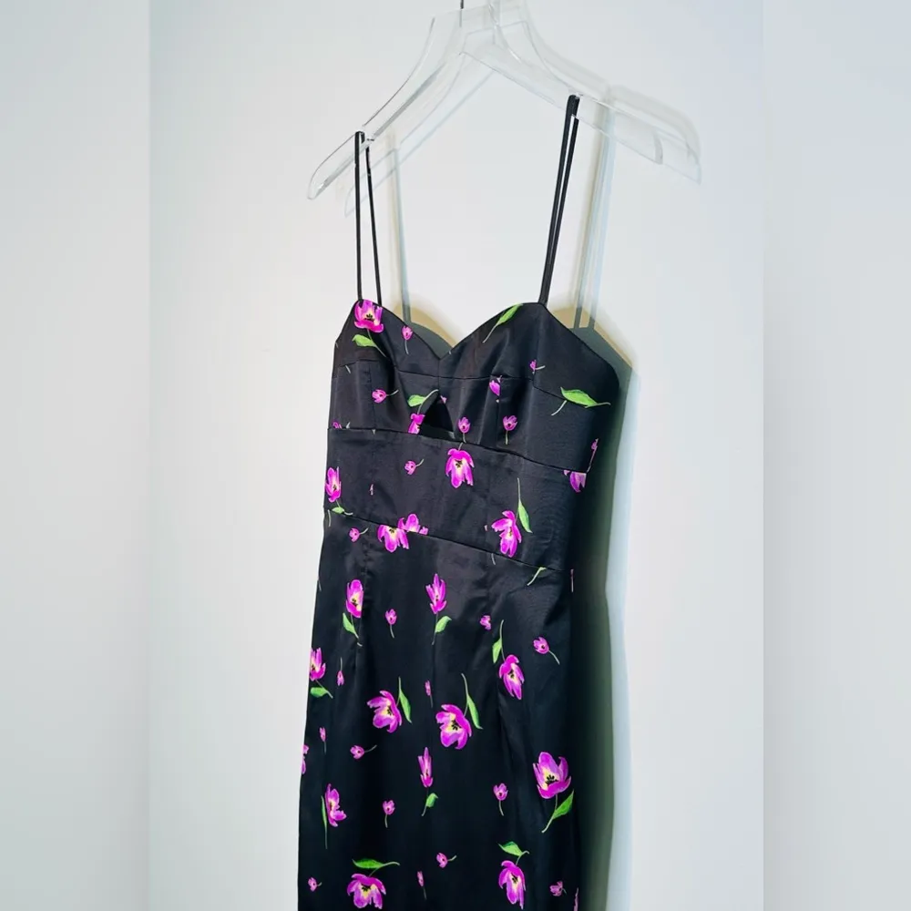 Milly Uma Satin Black Purple Floral Midi Sheath Dress Size 4 NWT - Image 10