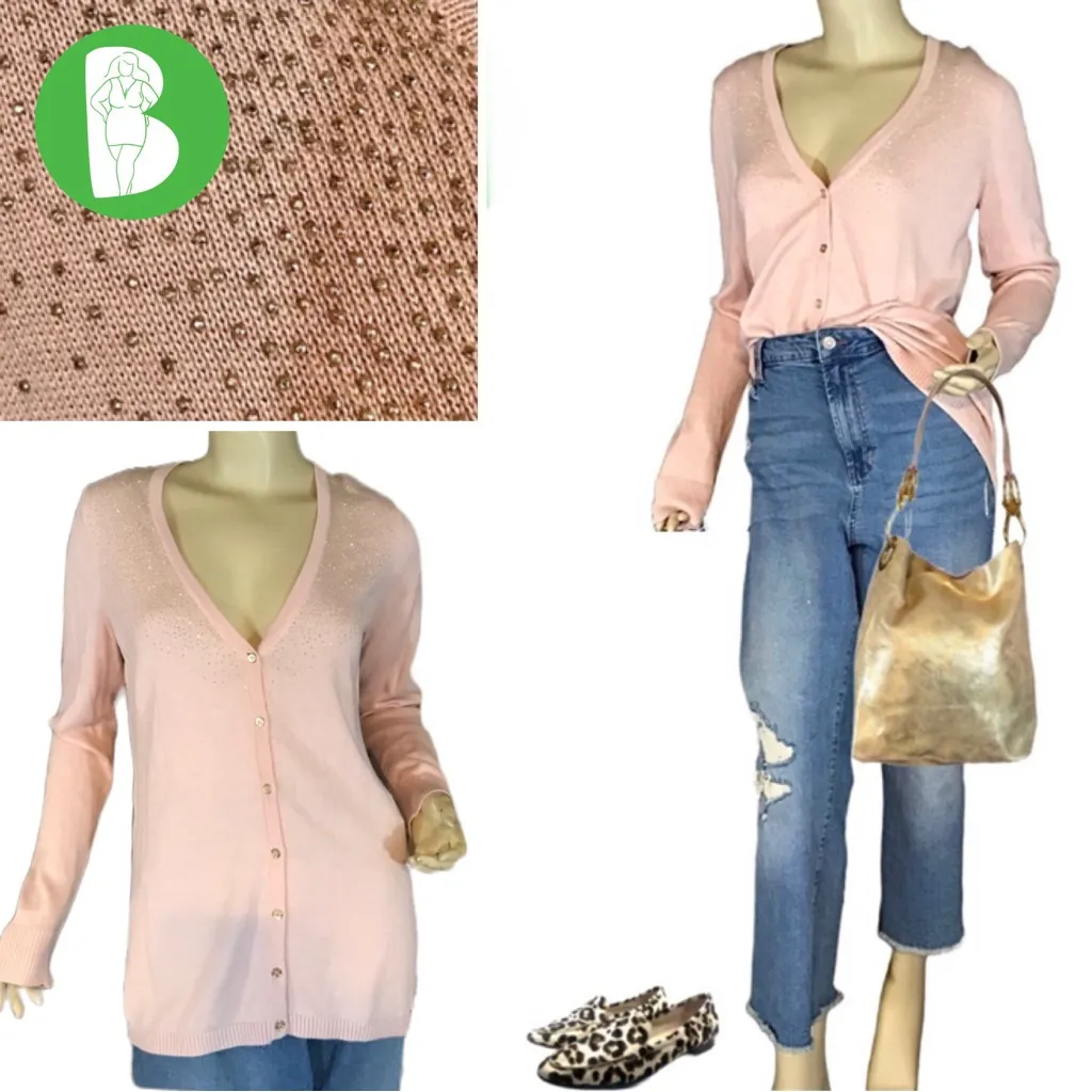 CALVIN KLEIN BLUSH PINK KNIT CARDIGAN W/GOLD BEADING DETAILS (M) - Image 2