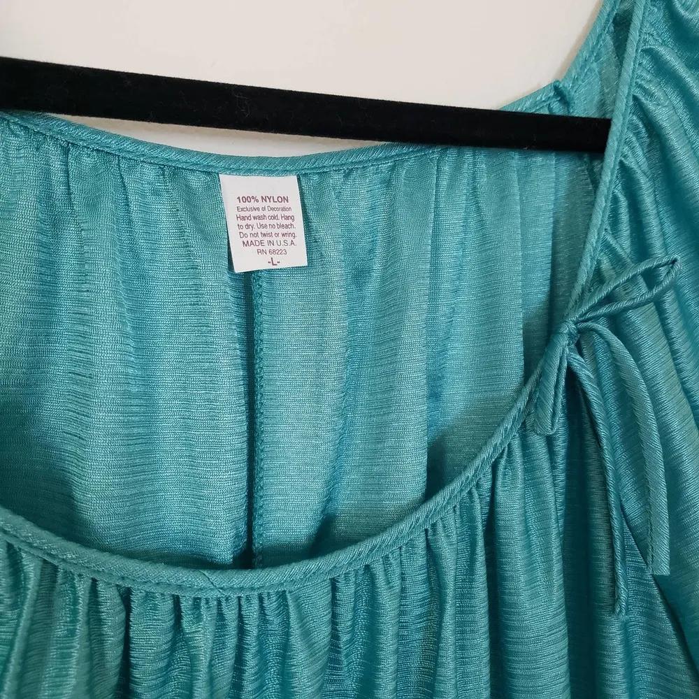Vintage NWOT Nylon Flowy Nightgown Teal Short Flutter Sleeves Boat Neck Size L - Image 5
