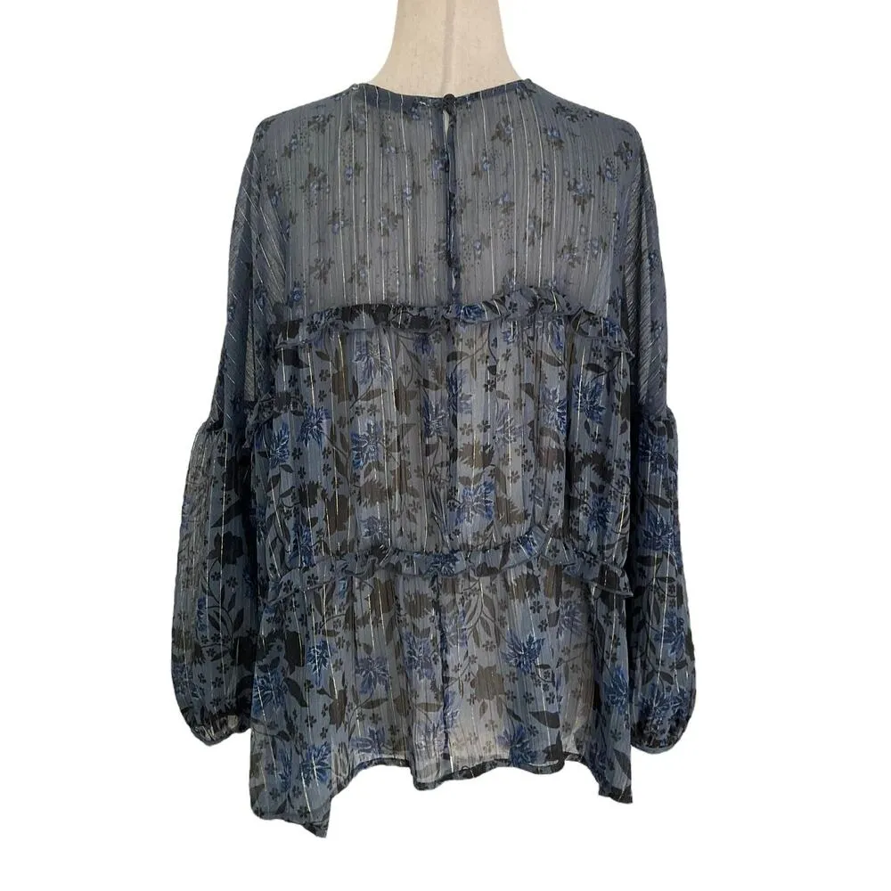Zara Blue Floral Sheer Oversized Long Sleeve Women's Top XS | 49-24 - Image 2