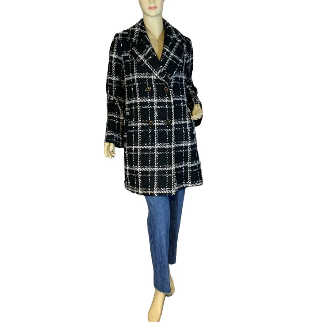SAM EDELMAN BLACK & WHITE PLAID PEACOAT (S) - Image 6