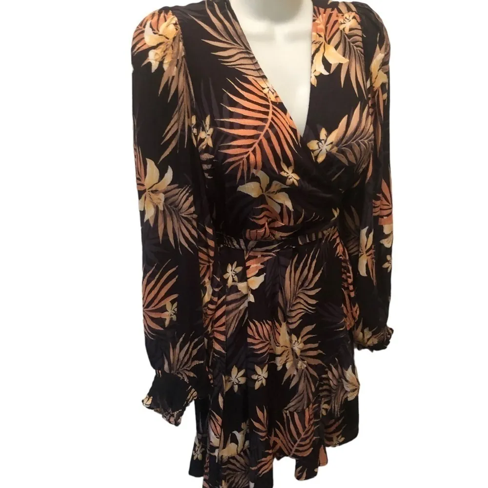 Billabong IN MY HEART Wrap Mini Dress M Ruffle Hem Printed Black Terracotta FALL - Image 3