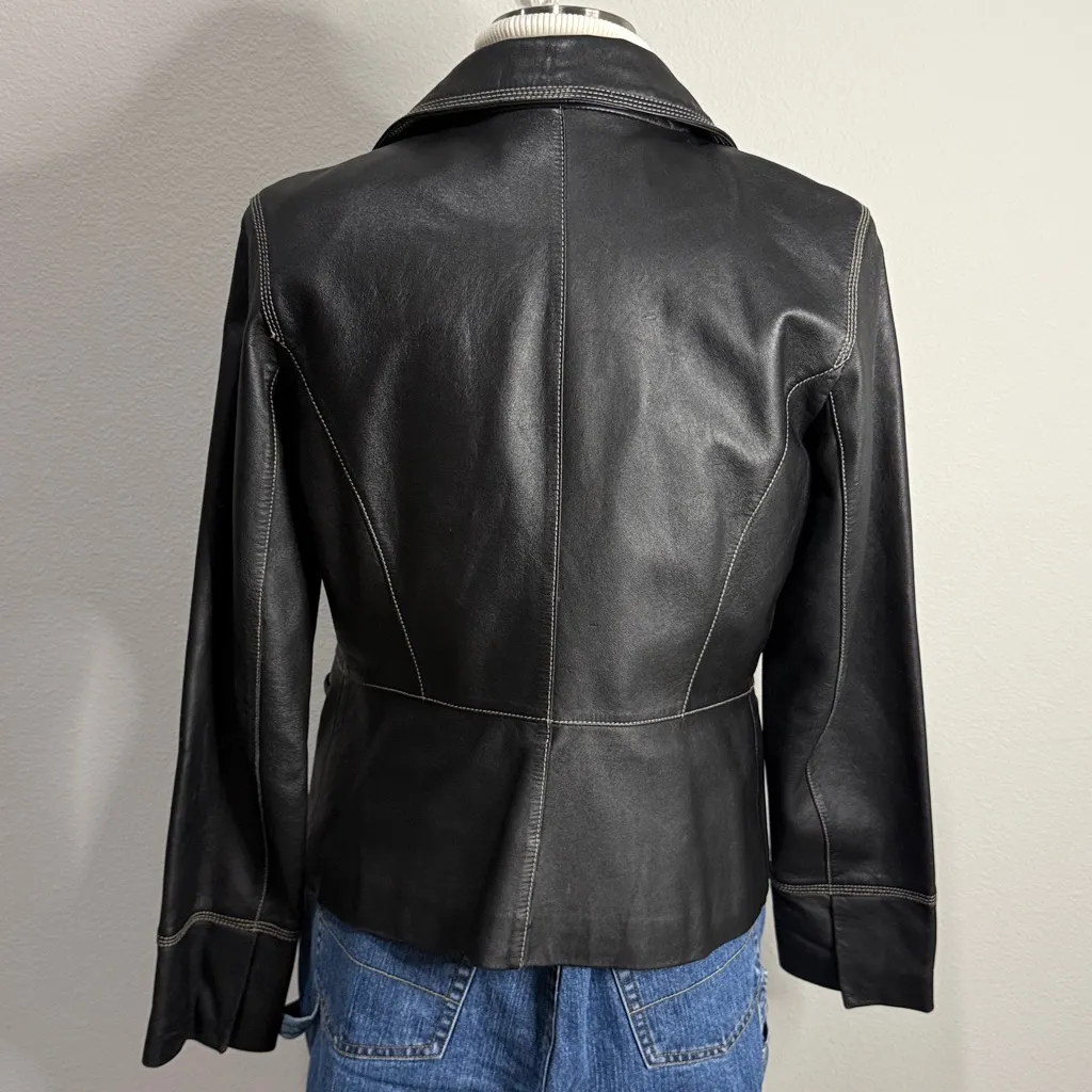 Modern Essentials Black Leather Jacket w Contrast Stitching Size M Size M - Image 3